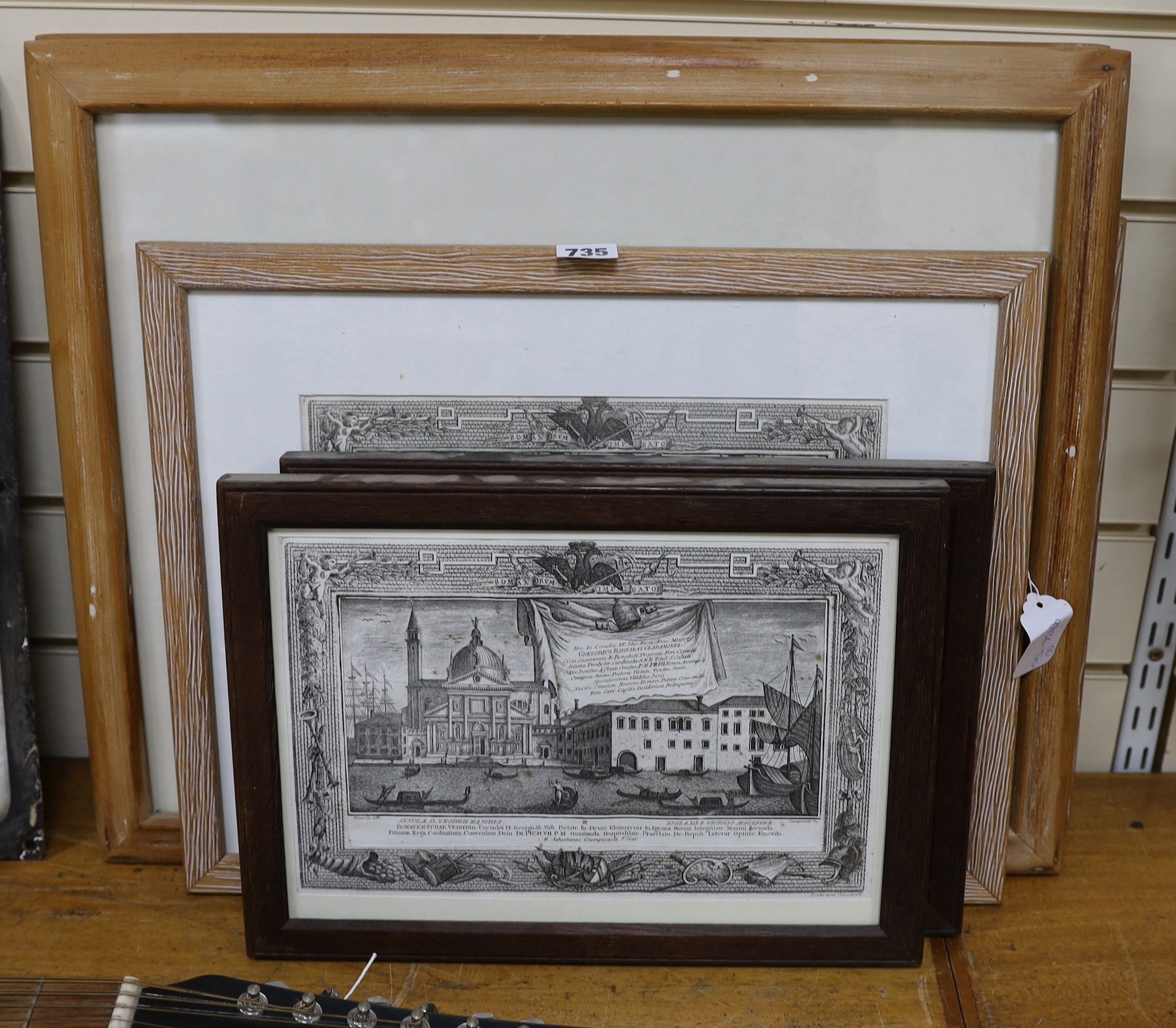 Six assorted 18th century copper engravings, Topographical views of Venice and France, largest 24 x 32cm